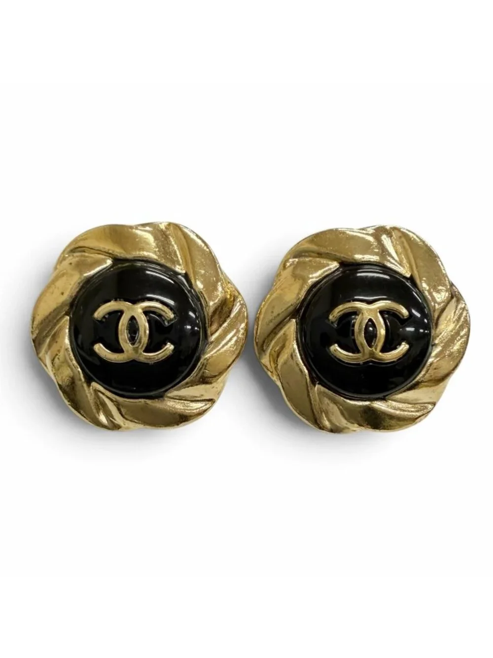 Chanel CC Logo Button Motif Earrings Clip Gold Black
